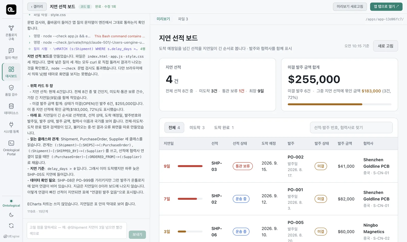 2분 뒤 — 왼쪽에 에이전트의 보고, 오른쪽 미리보기에 실제 온톨로지 데이터로 채워진 보드
