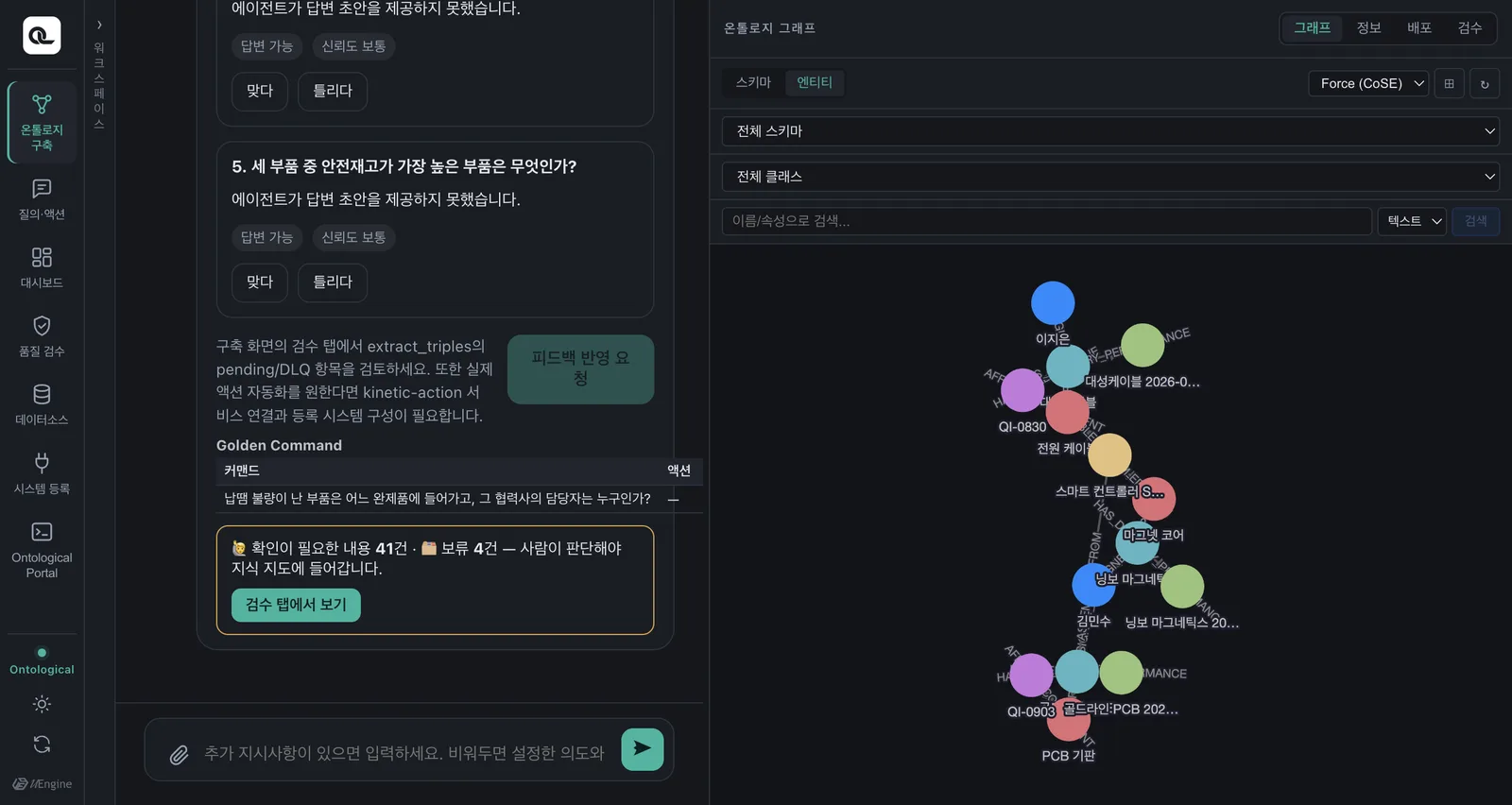 만들어진 온톨로지 — 협력사에서 부품으로, 부품에서 완제품으로, 이슈에서 부품으로 길이 나 있습니다 (밤 테마)