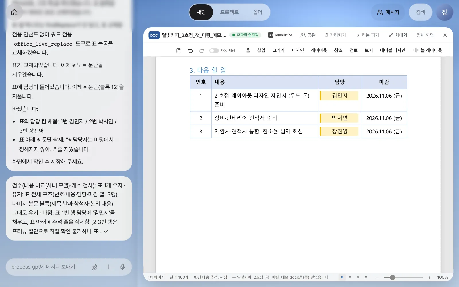 담당 칸이 채워지고 ※ 줄이 지워진 표. 왼쪽 채팅 아래에 검수 메모 “표 1개 유지 · … ✓”가 붙었습니다