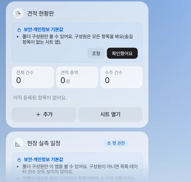 홈의 견적 현황판 패널. 위에는 「보안·개인정보 기본값」 카드, 아래에는 전체 건수·견적 총액·수주 건수 타일과 「추가」·「시트 열기」가 있습니다