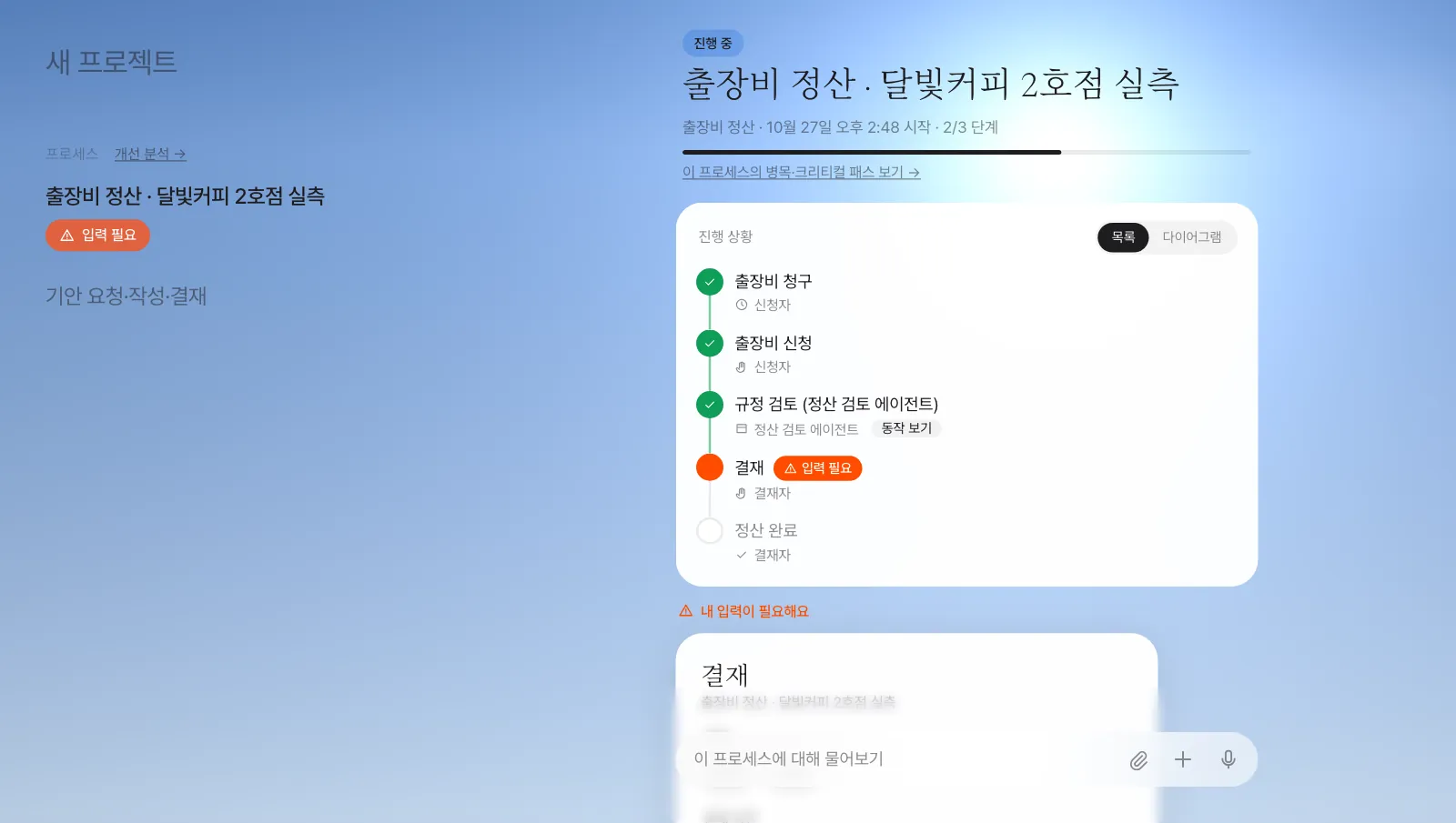 사람 단계 — 스피너 대신 주황 점과 「입력 필요」. 사람의 확인을 기다리는 동안 아무것도 돌지 않습니다