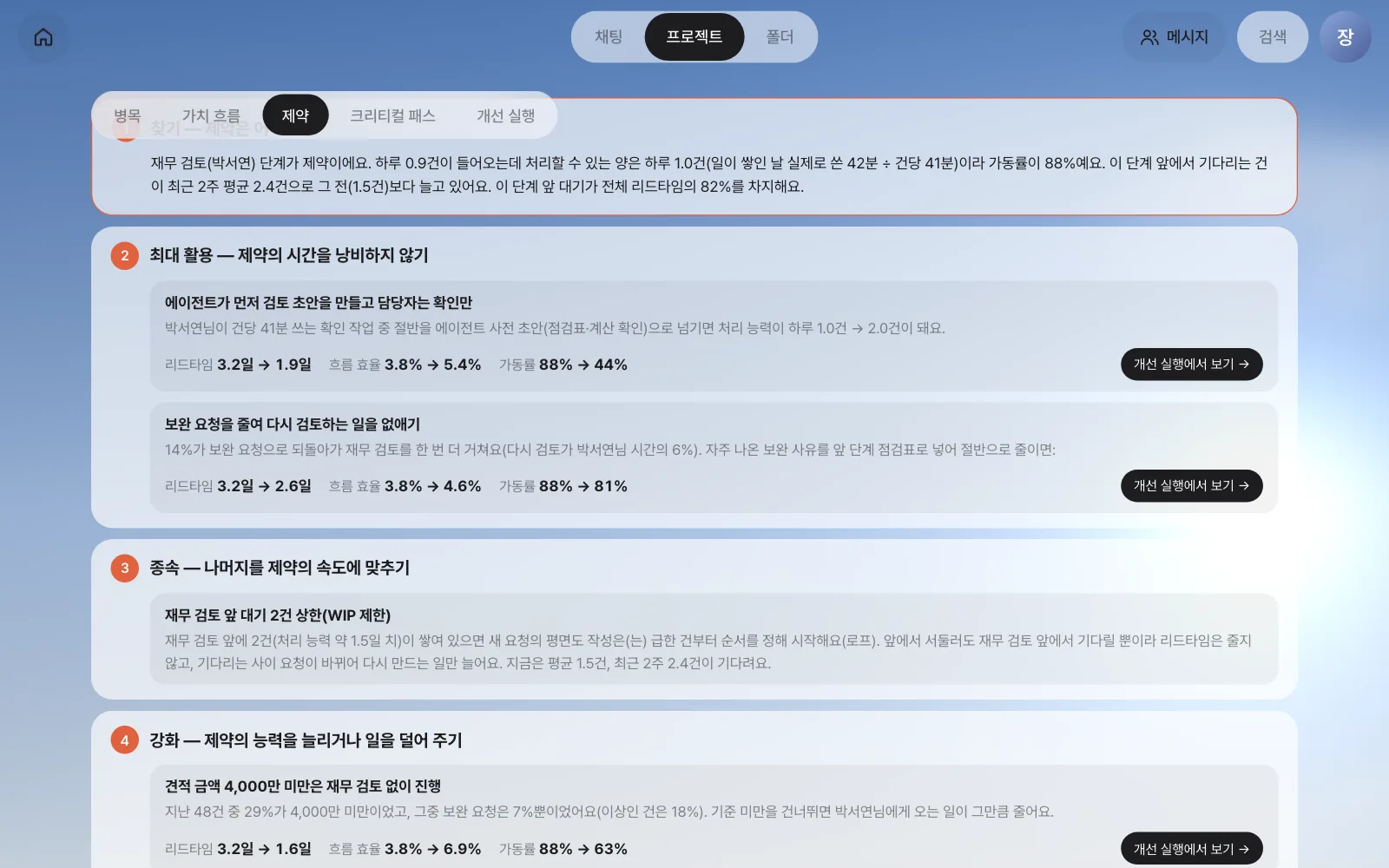 제약 이론 5단계 — 1 찾기부터 4 강화까지. 행동마다 리드타임·흐름 효율·가동률의 전→후와 「개선 실행에서 보기」 버튼