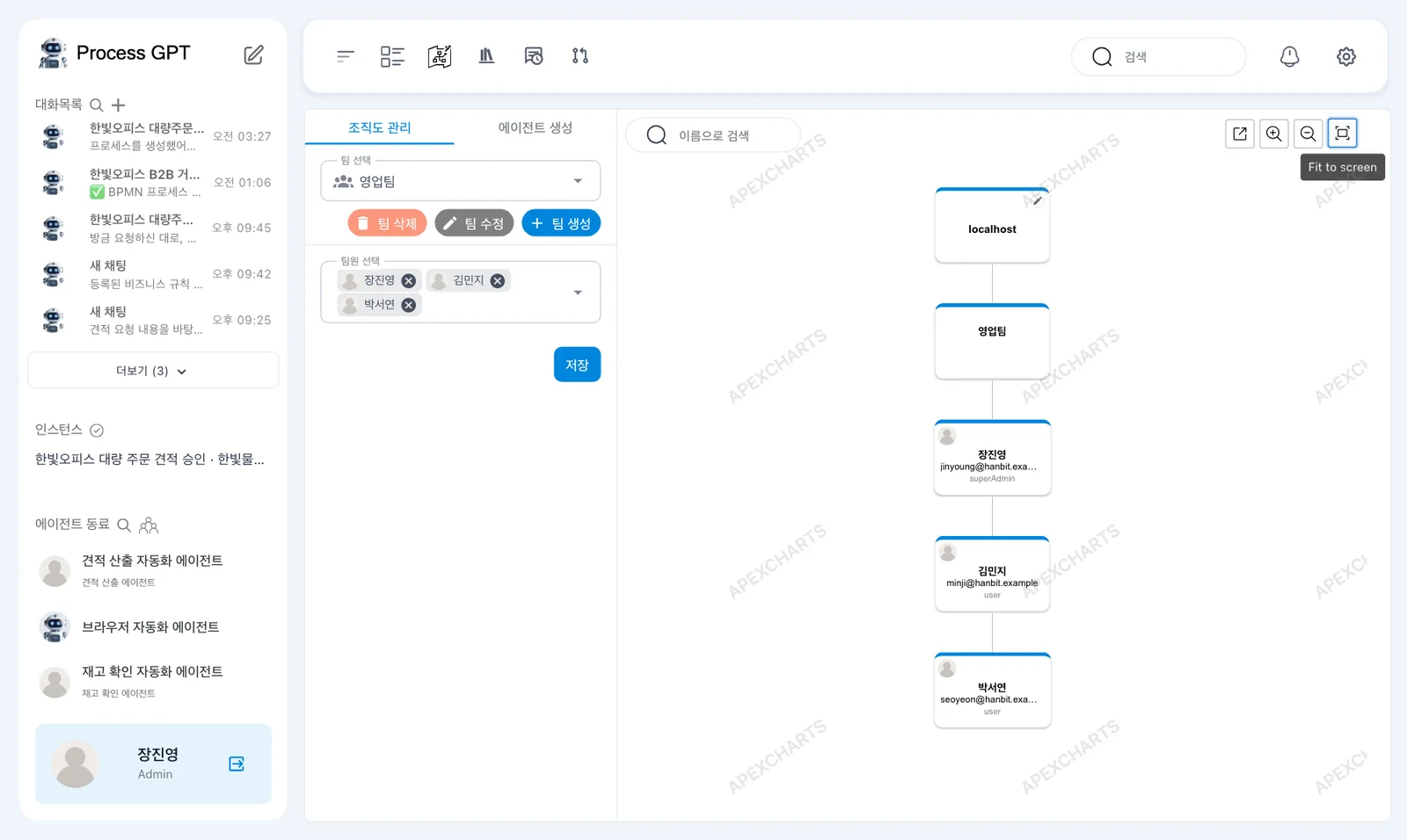 팀원 저장 — 장진영·김민지·박서연 칩과 「저장」, 영업팀 아래 세 사람 카드