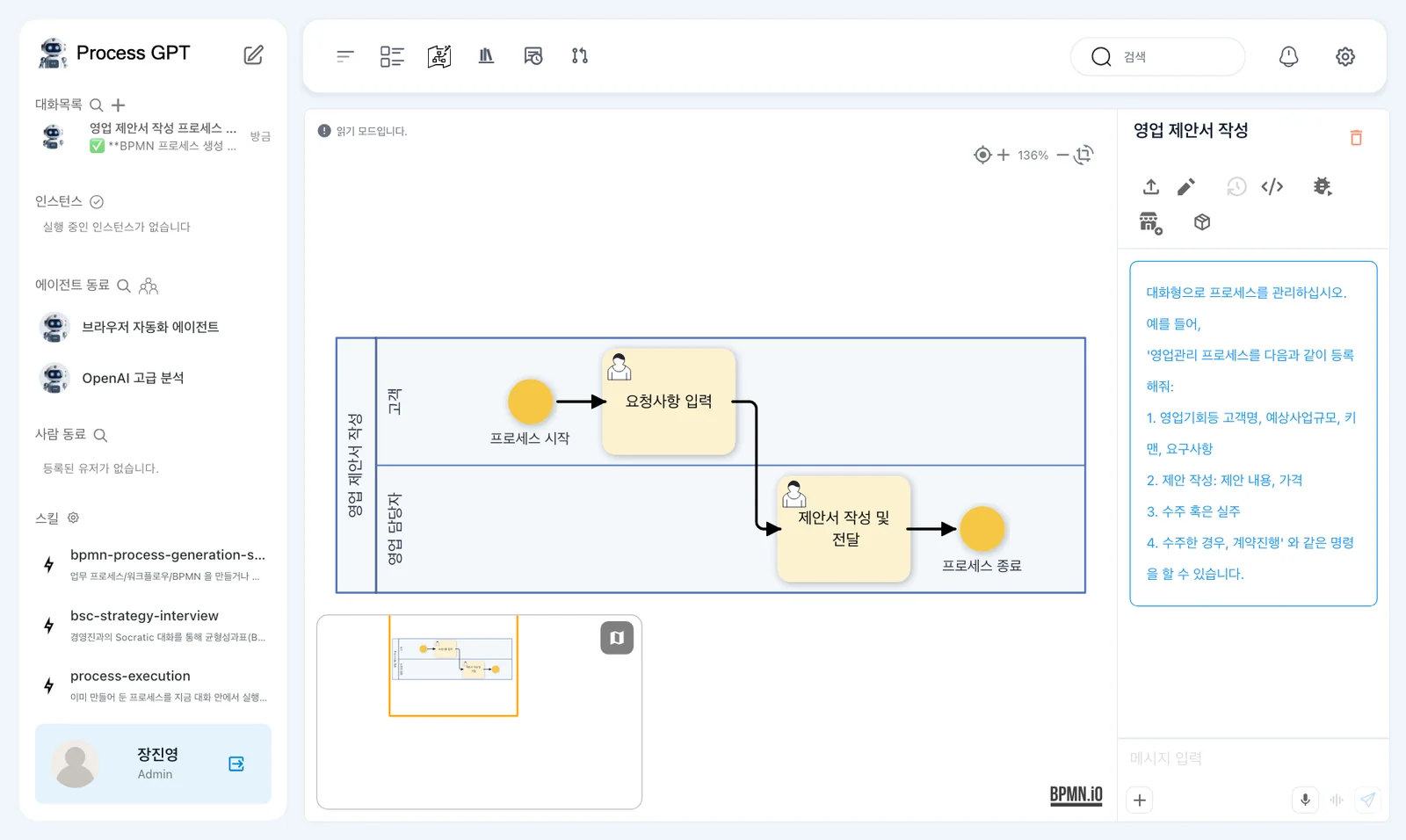 만든 프로세스의 BPMN 흐름도 — 고객·영업 담당자 레인, 프로세스 시작 → 요청사항 입력 → 제안서 작성 및 전달 → 프로세스 종료