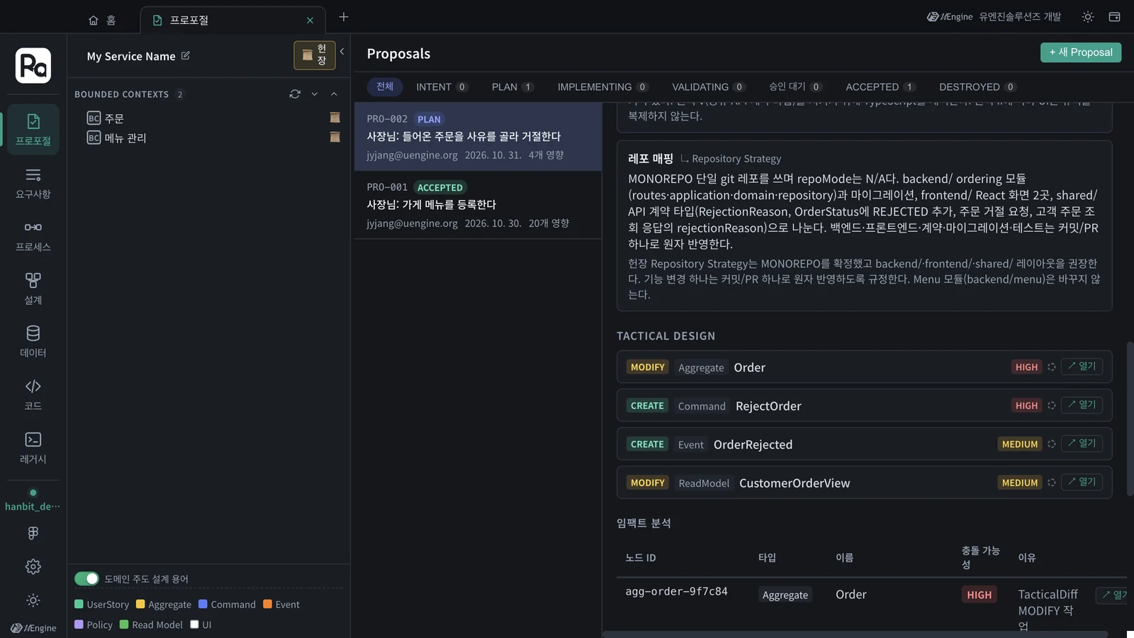 Tactical Design — MODIFY Aggregate Order(HIGH), CREATE RejectOrder · OrderRejected, MODIFY ReadModel CustomerOrderView, 아래 임팩트 분석
