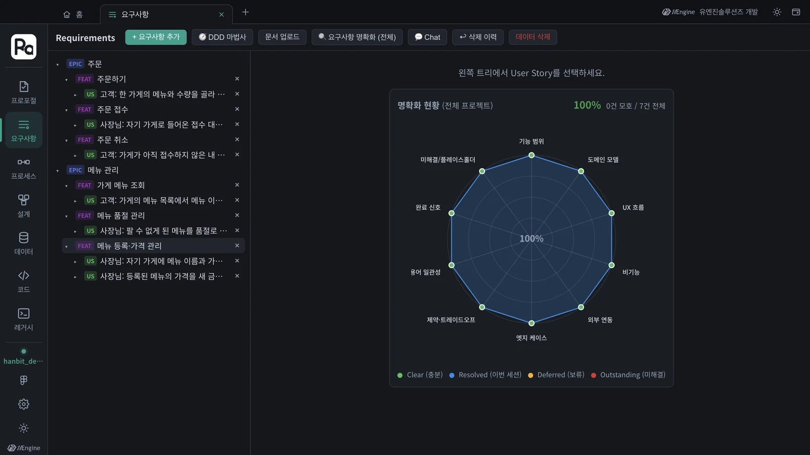 요구사항 탭 — EPIC 주문 · 메뉴 관리를 펼친 나무, 오른쪽 명확화 현황 100%
