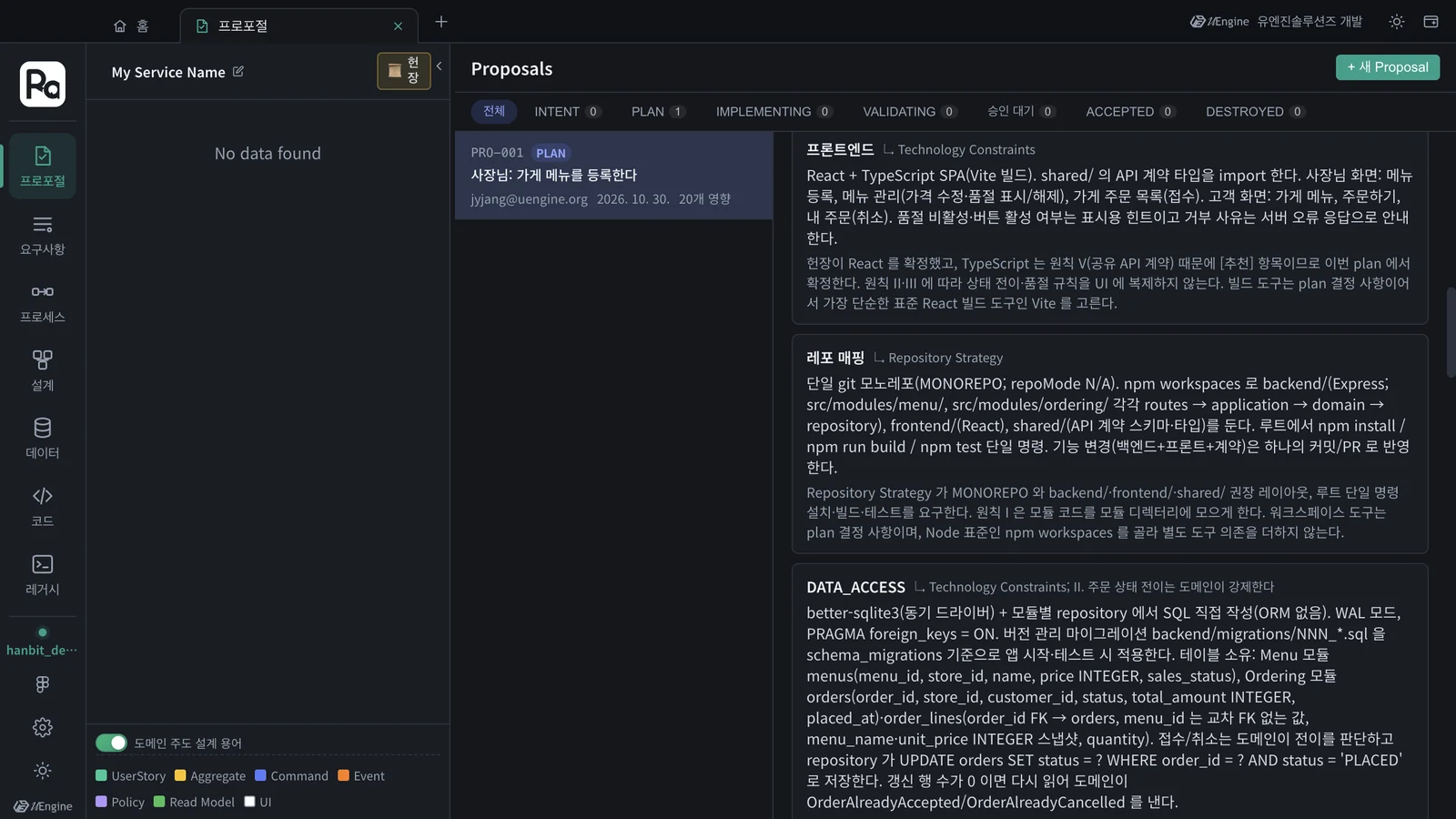 아키텍처 결정 — 프론트엔드 · 레포 매핑 · 데이터 접근, 결정마다 근거 헌장 구획