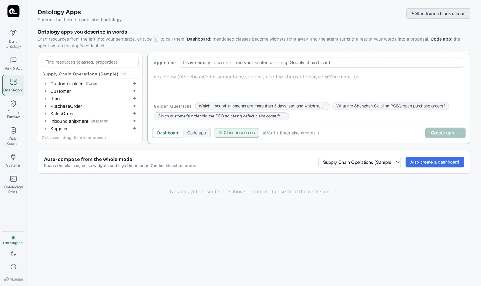 Ontology Apps — resource tree on the left (model › class › property), input box and Golden Question examples on the right, gallery of your apps below