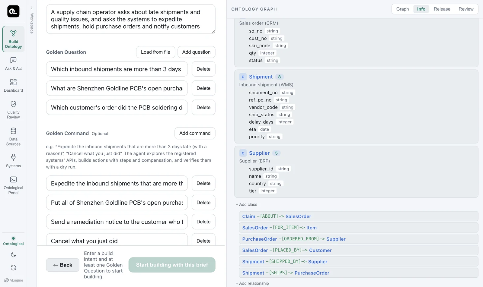 Info tab — the end of the list: the last classes with their instance counts, + Add class, and the 6 relationships