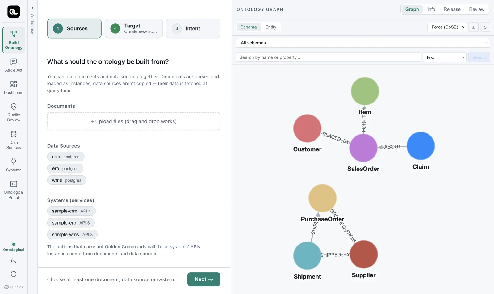 The first build step, Sources — choose uploaded documents, data sources and systems (services) as the basis. On the right is the schema of the existing sample ontology