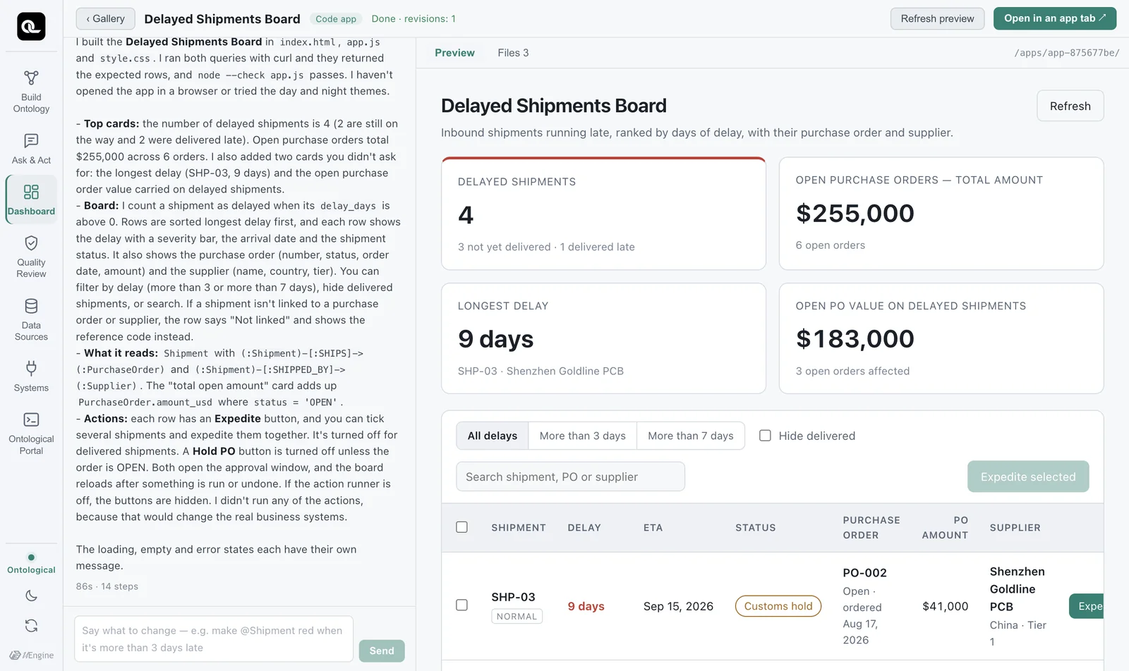 Two minutes later — the agent's report on the left, and the preview on the right showing the board filled with real ontology data