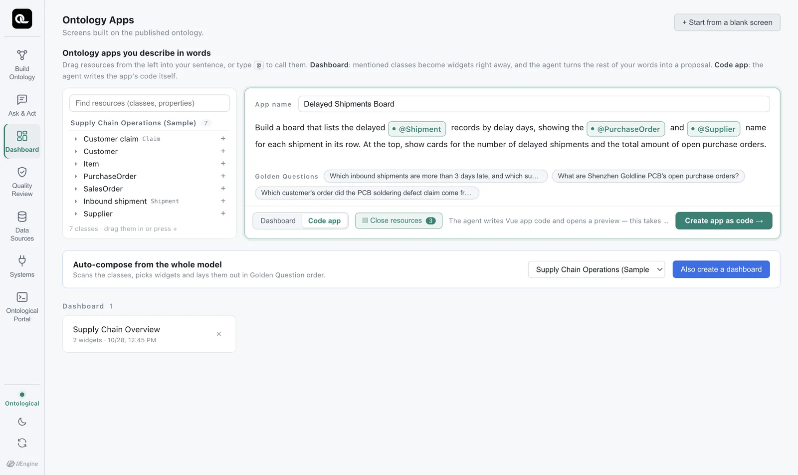 A code app request — Code app selected in the same mention input box