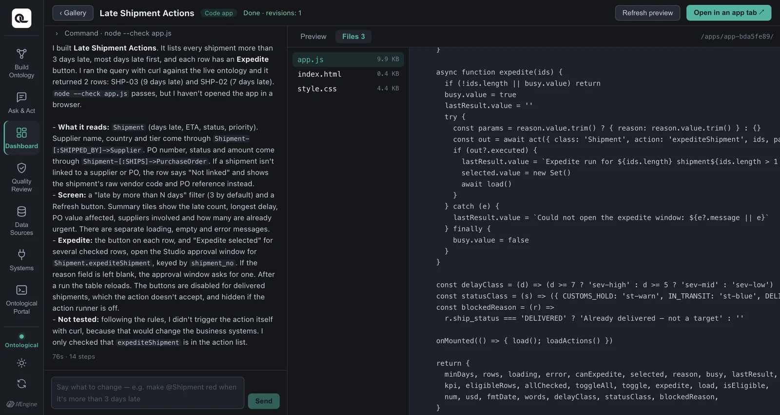 Code written by the agent — the button is wired to a single act() call
