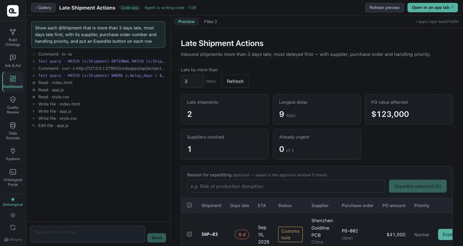 A code app with an “Expedite” button on each row