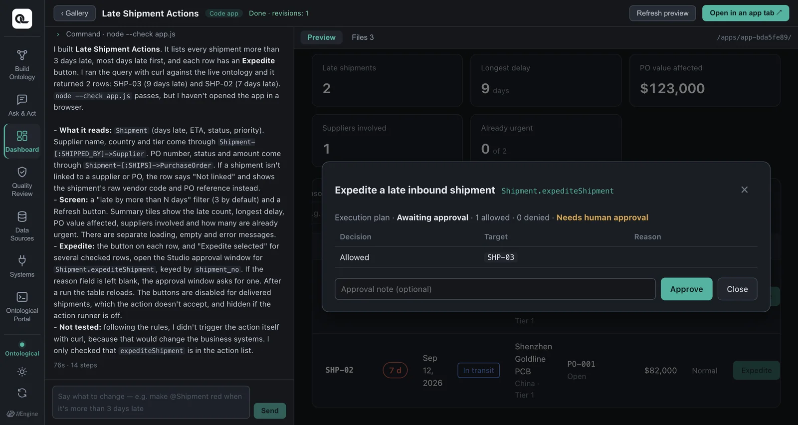 SDK confirmation dialog — action, targets, policy result, awaiting approval