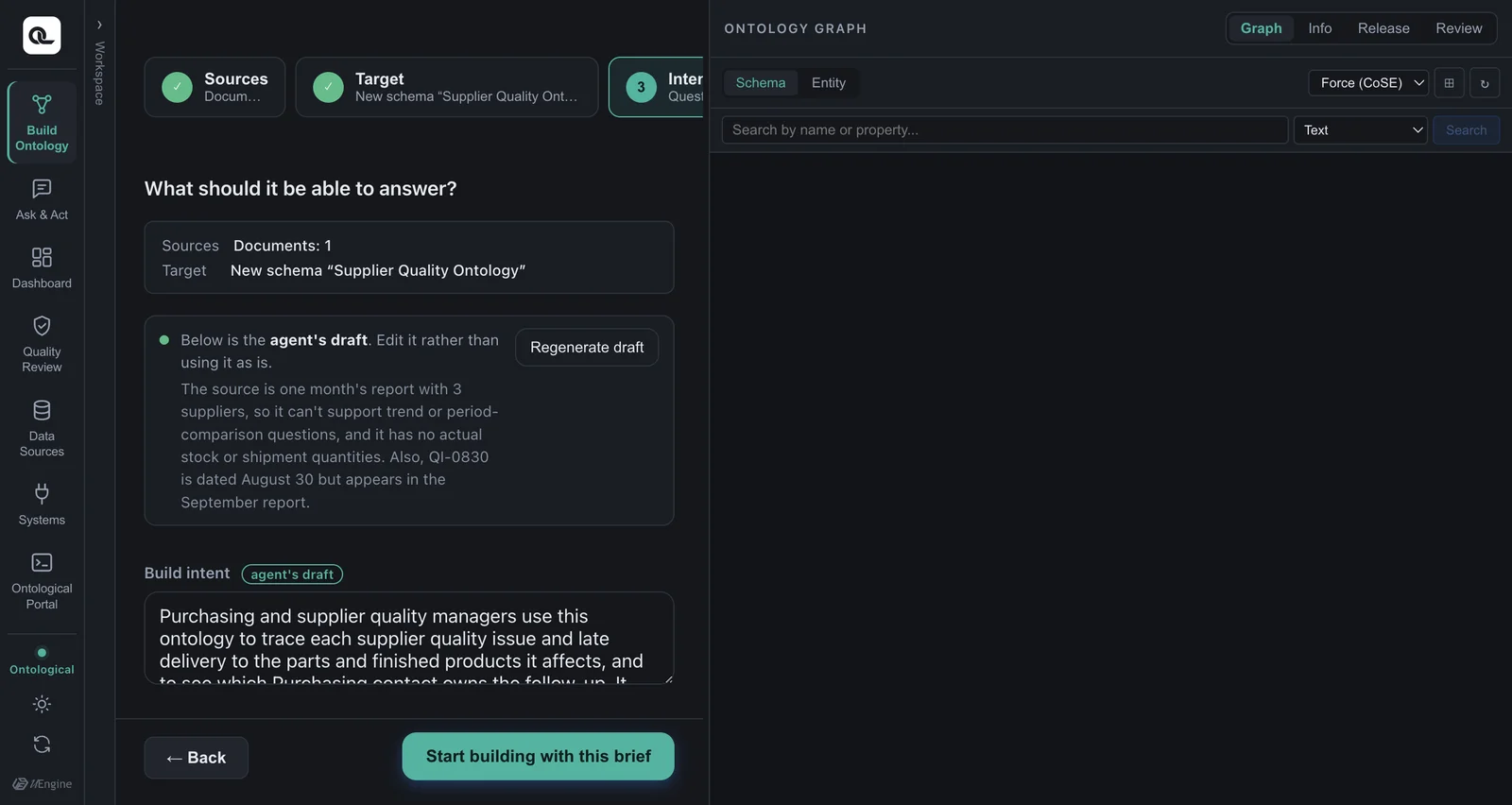The build intent and Golden Questions drafted by the agent (dark theme)
