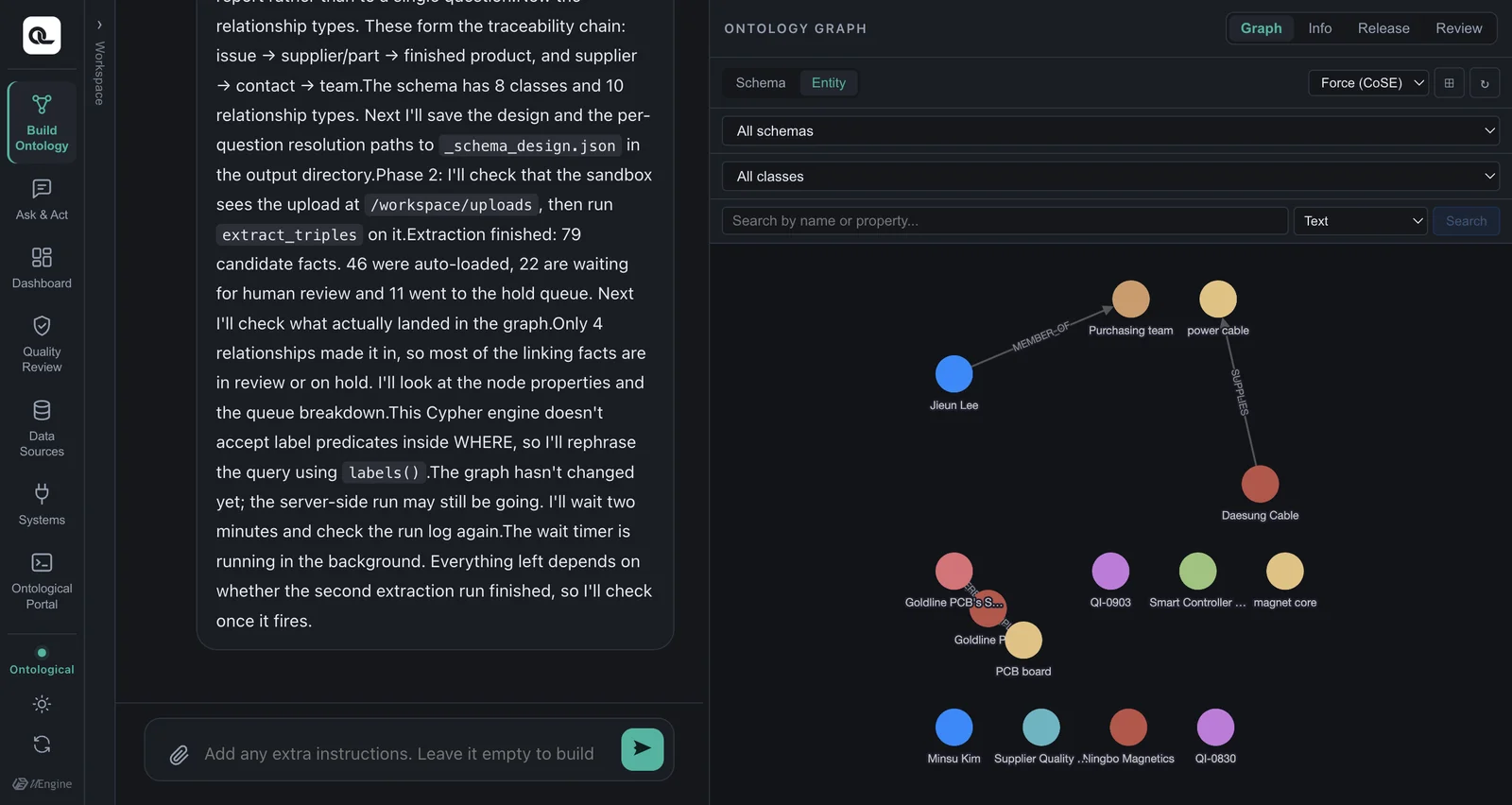 The ontology you built — paths lead from supplier to part, from part to finished product, and from issue to part (dark theme)