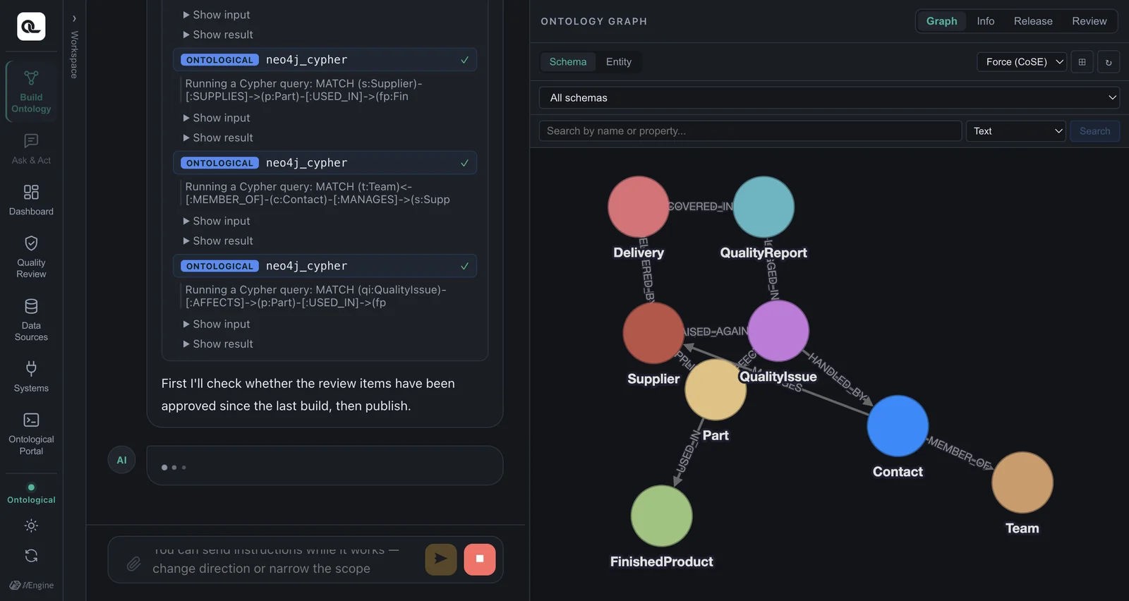 Asking to publish in the conversation, and the agent's report on what was published (dark theme)