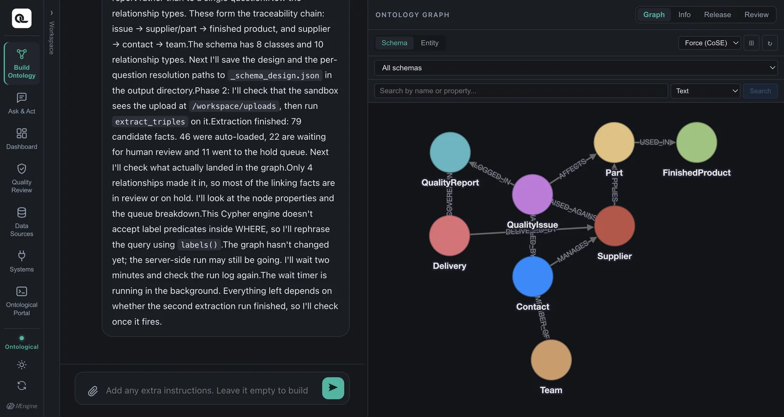 Build report — validation results for each Golden Question, and the items a person needs to decide (dark theme)