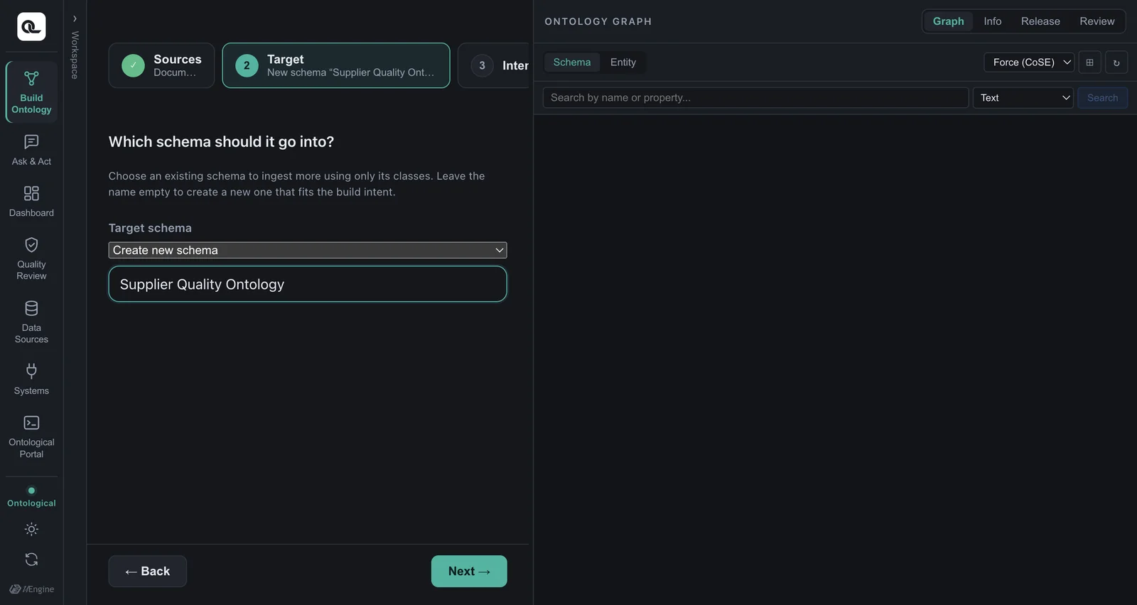 The document uploaded and the new schema name entered (a scene from the demo video, dark theme)