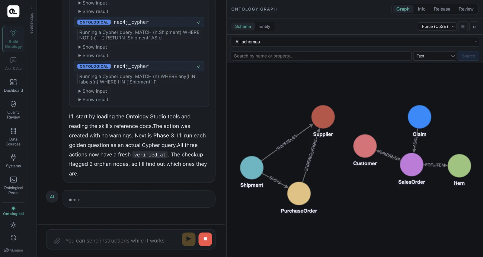 The build agent looking through the ERP's APIs and tying hold and release together as a step and its compensation (demo, dark theme)