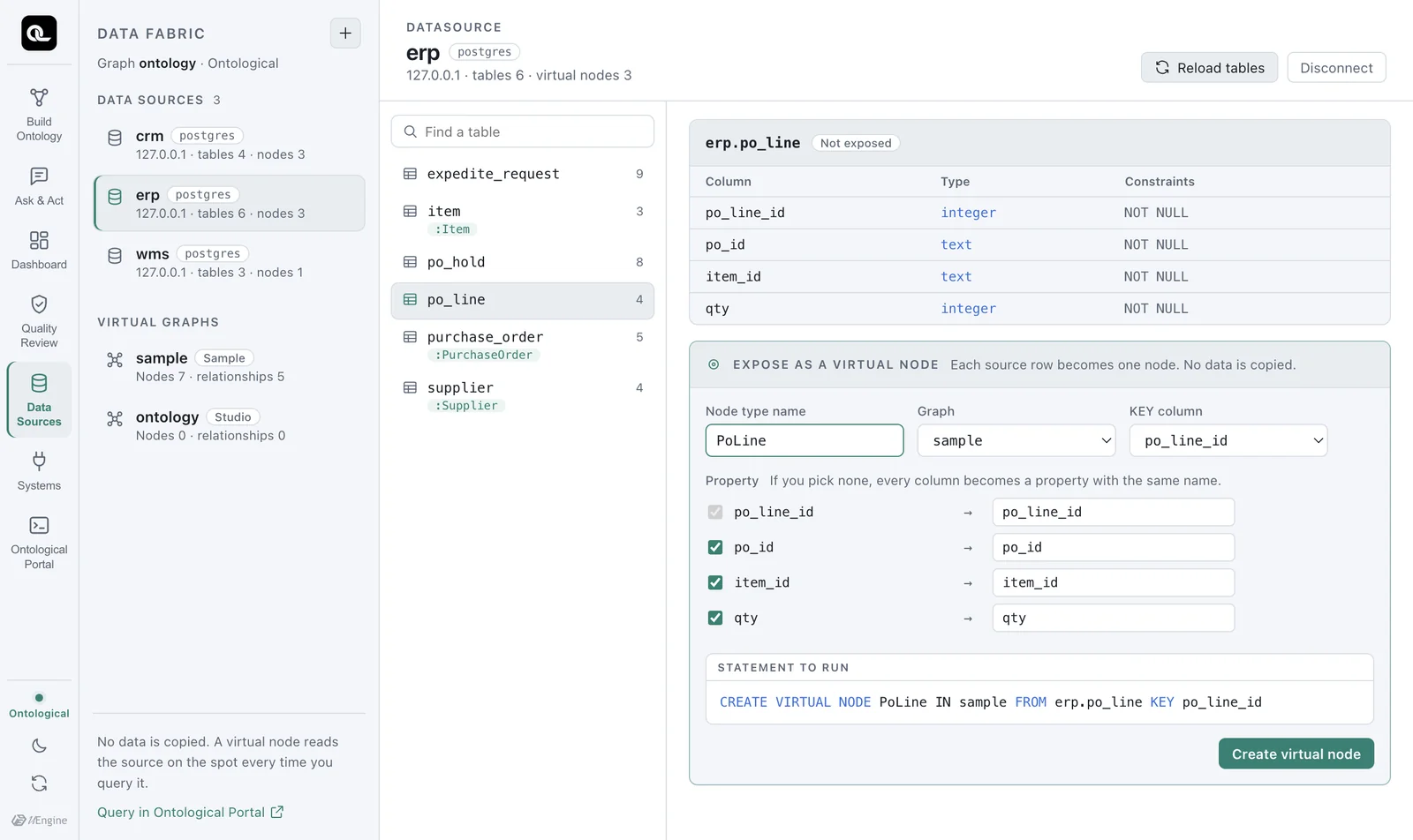 Expose as a virtual node — choose the node type name, graph, KEY column and properties, and the statement to run is previewed below