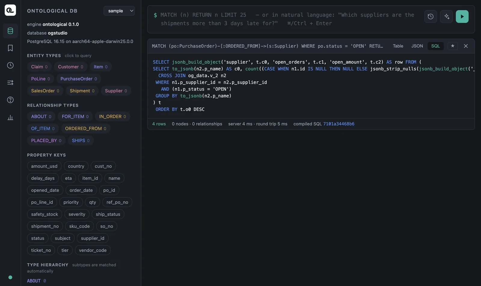 SQL tab — one Cypher statement translated into a PostgreSQL query
