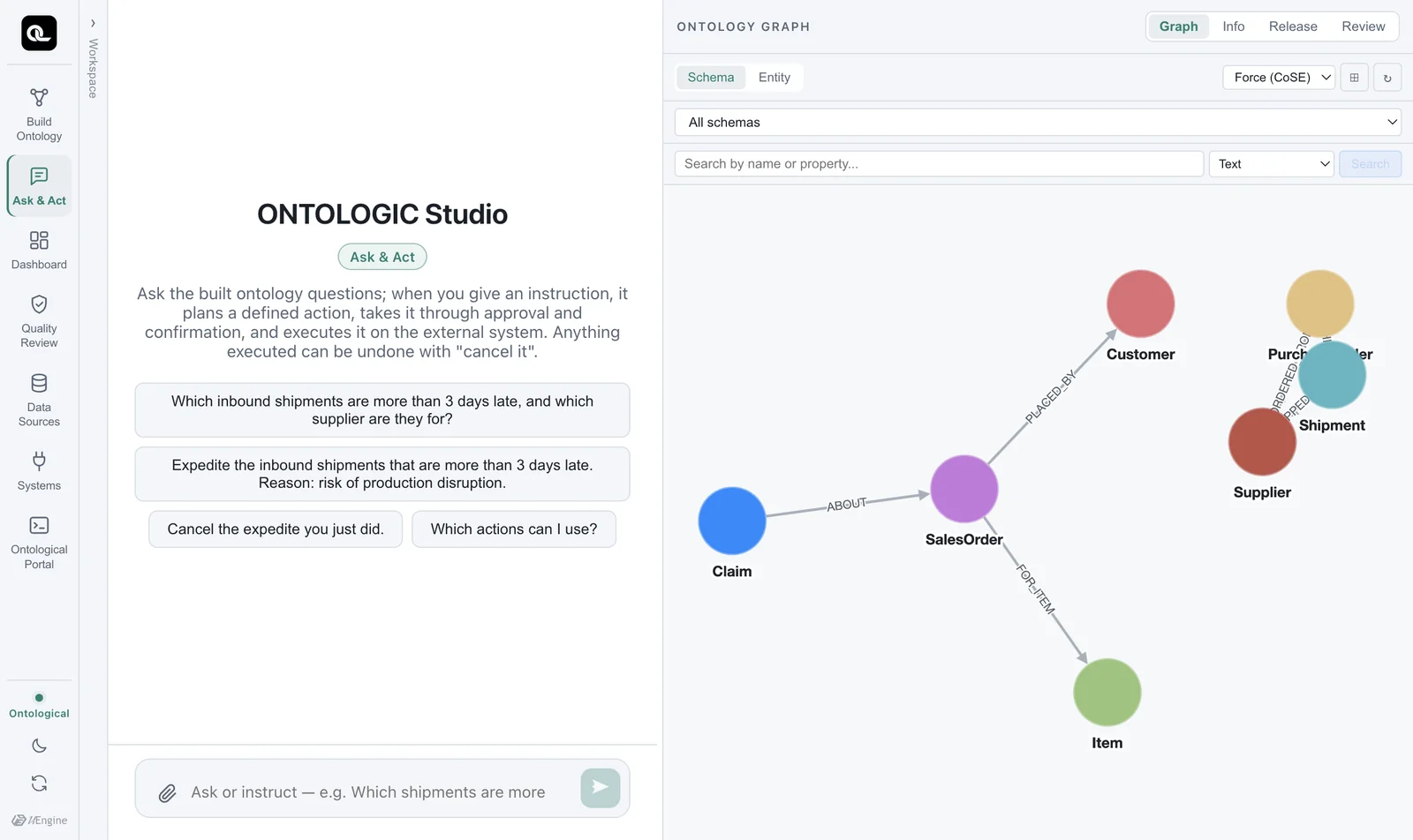 The first Ask & Act screen — the sample ontology's Golden Questions and Golden Commands appear as examples