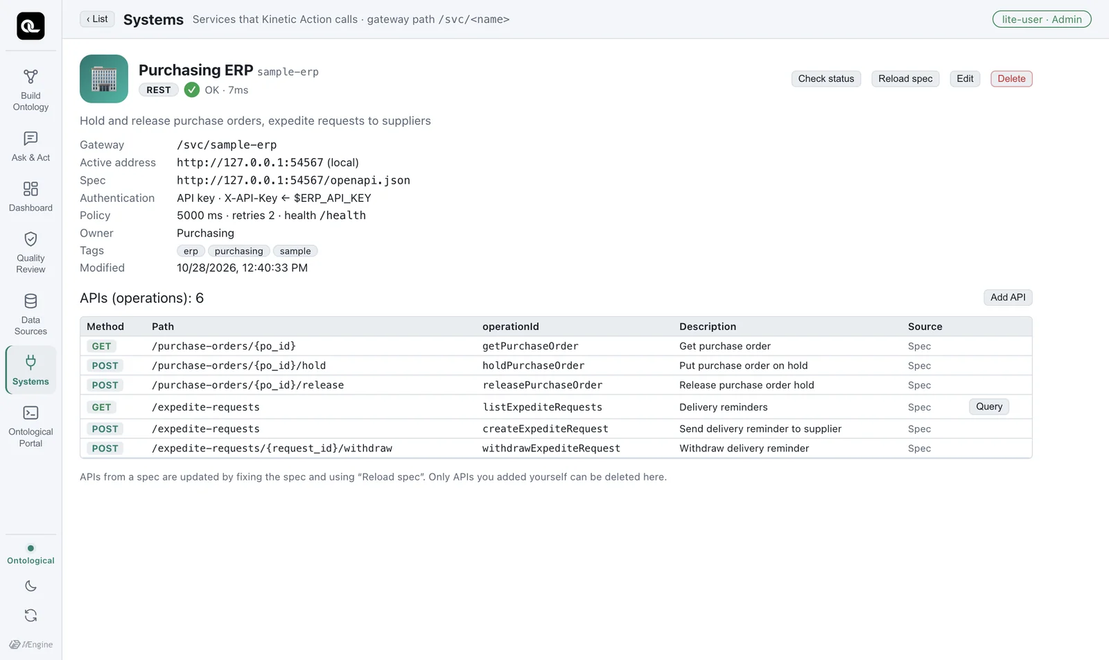 Purchasing ERP details — status OK with its response time, gateway, spec URL, authentication, call policy, and the 6 APIs read from the spec