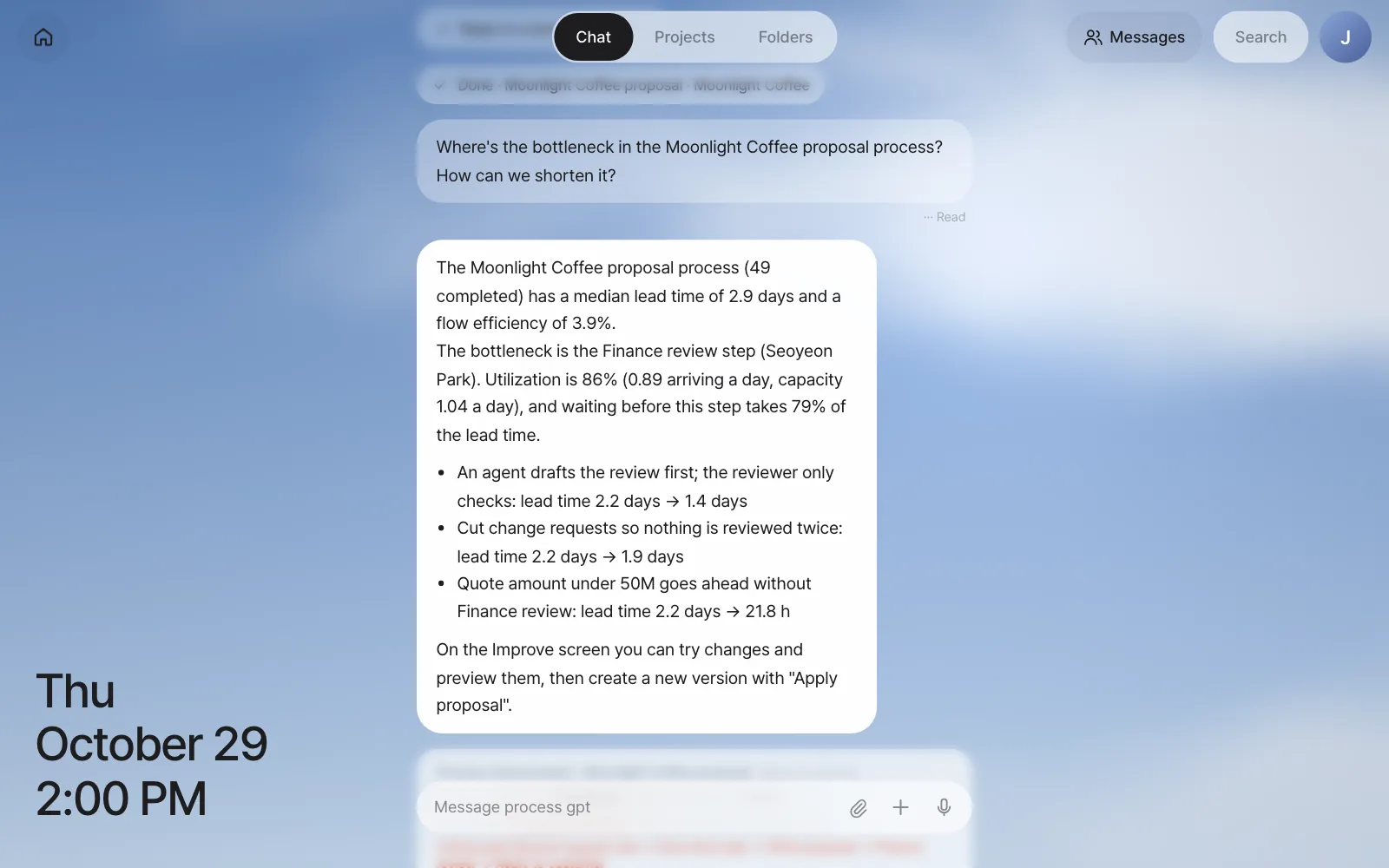 The chat answer — the bottleneck is Finance review (Seoyeon Park), with utilization, the share of waiting, three ways to shorten it with lead time before → after, and the improvement card