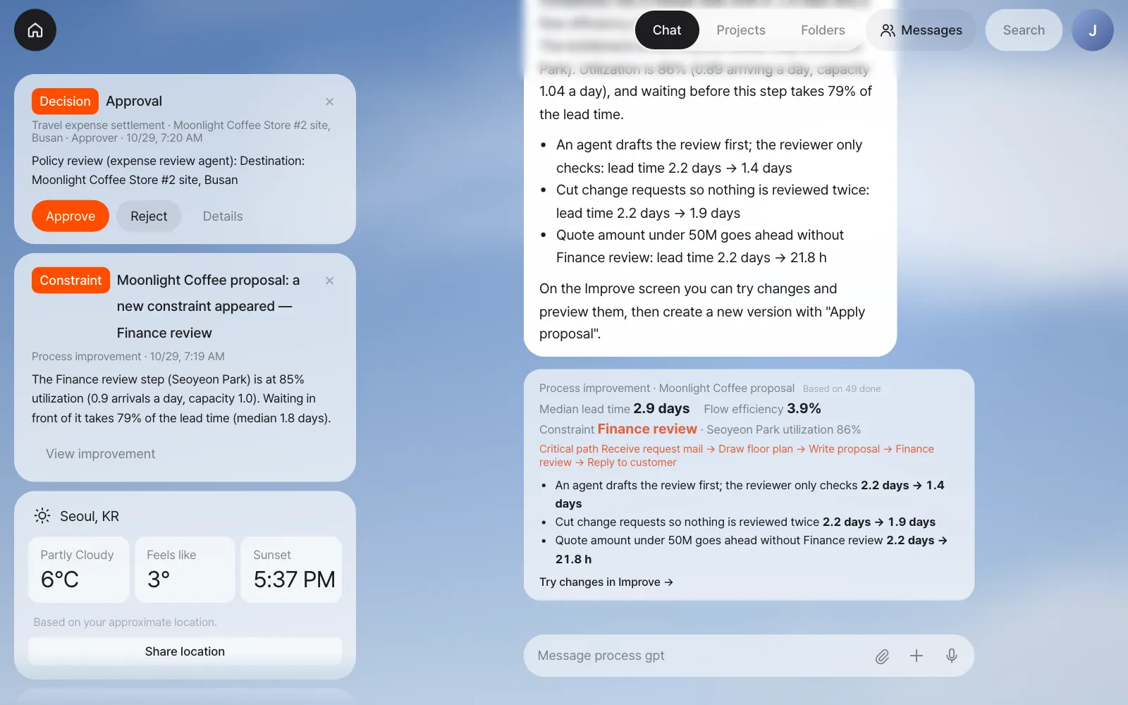 The "Constraint" notification on Home — the Finance review (Seoyeon Park) step at 85% utilization, with waiting in front of this step at 79% of the lead time (median 1.8 days). On the right is the chat answer from step 5