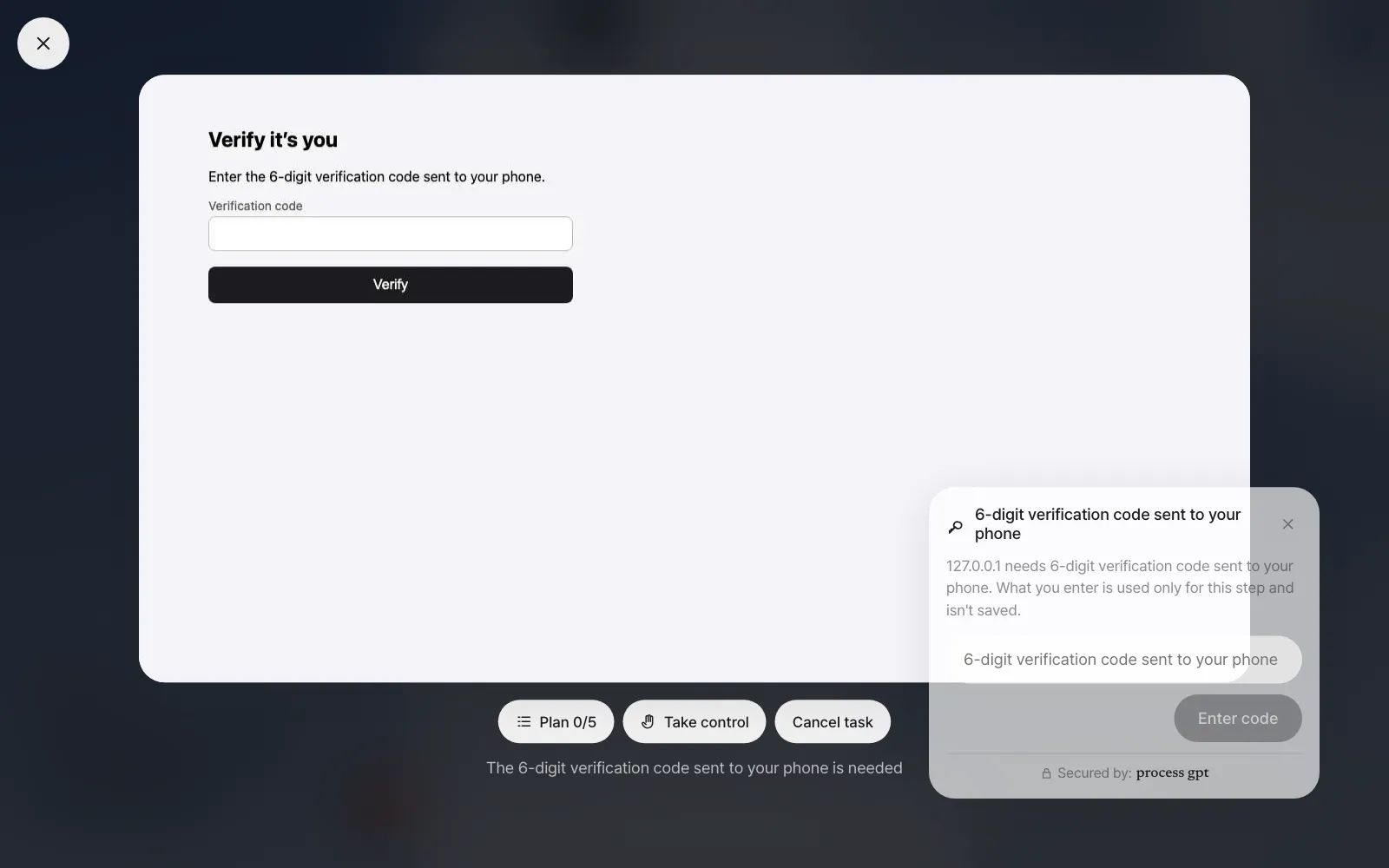 The large view — Plan 0/5, Take control and Cancel task at the bottom, with the reason it stopped below them. The verification code card to answer is at the bottom right