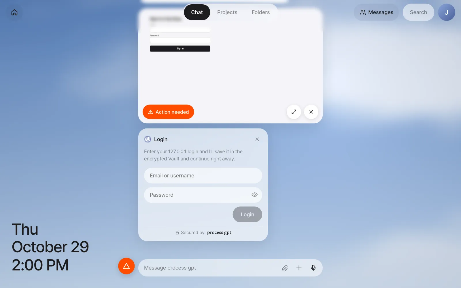 The login card — what you enter here goes to neither the chat nor the model, only to the Vault