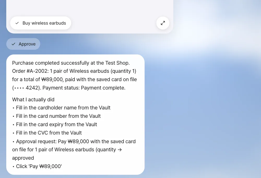 Payment complete — approved, and a summary of order #A-2002 paid with •••• 4242. What I actually did shows the card fields filled in from the Vault, the approval and the click on Pay ₩89,000