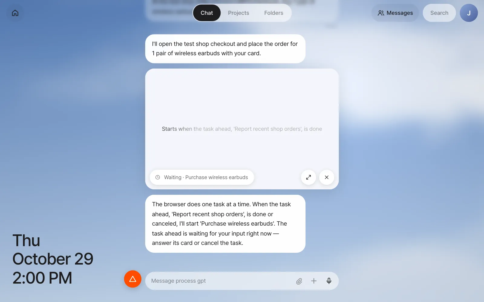 Asking for a payment while a task is waiting on a login card — the new task card shows Waiting · Purchase wireless earbuds and "Starts when the task ahead, 'Report recent shop orders', is done". The × at the bottom right cancels only this task