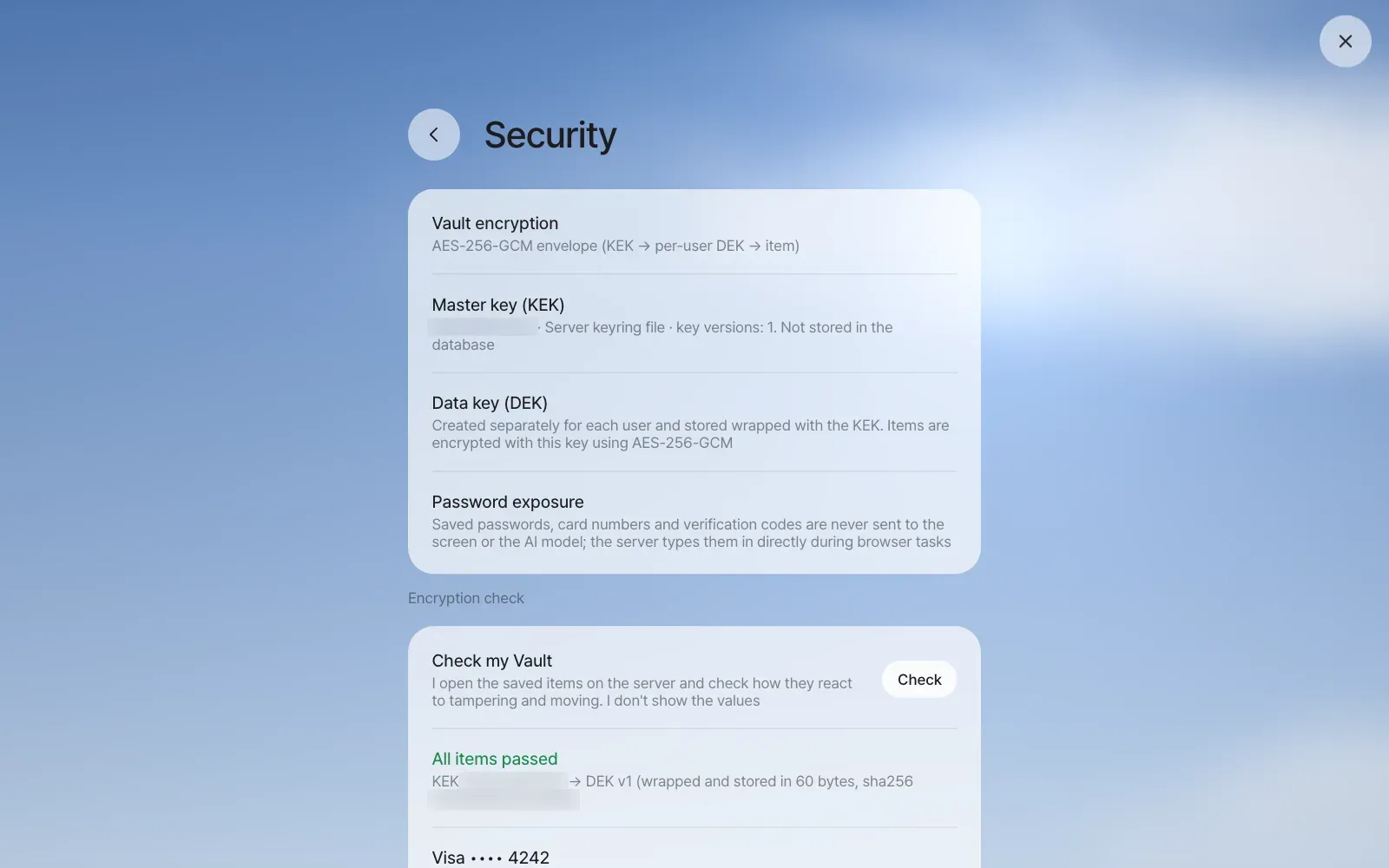 Security — the encryption method, the master key (KEK) and data key (DEK) explained, and the check result "All items passed"