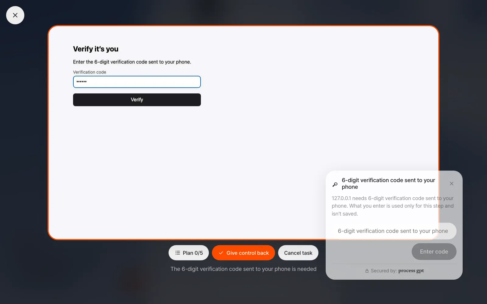 During Take control — an orange border, and the button changed to Give control back. Characters in the code field are hidden as dots