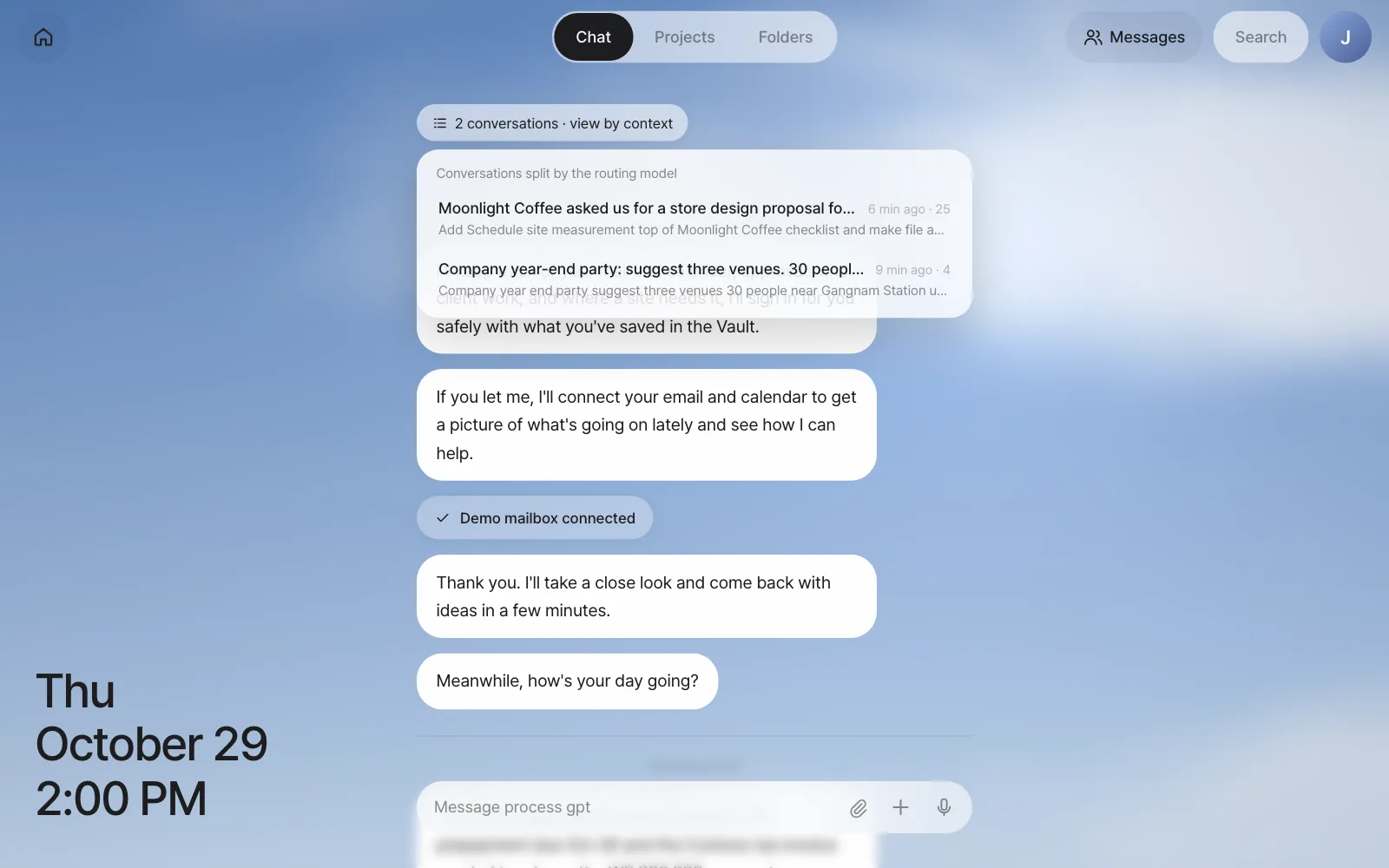 The conversation list — the Moonlight Coffee conversation (25 messages) and the year-end party conversation (4)