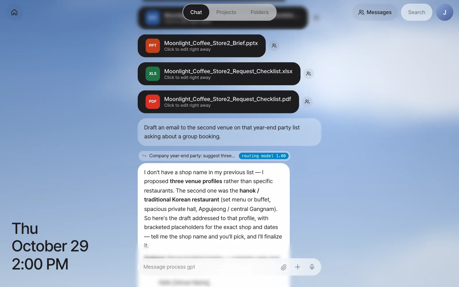 In the full chat, topics look mixed, but each answer has a line above it saying which conversation it belongs to — the party email draft ("↳ Company year-end party: suggest three…", routing model 1.00) comes right after the files of the checklist edit (Moonlight Coffee)
