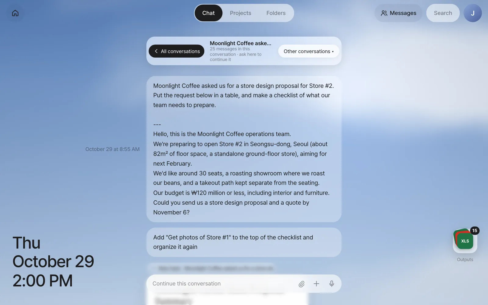 Viewing only the Moonlight Coffee conversation — All conversations at the top, the conversation title and message count, and Other conversations. The input box changes to "Continue this conversation"