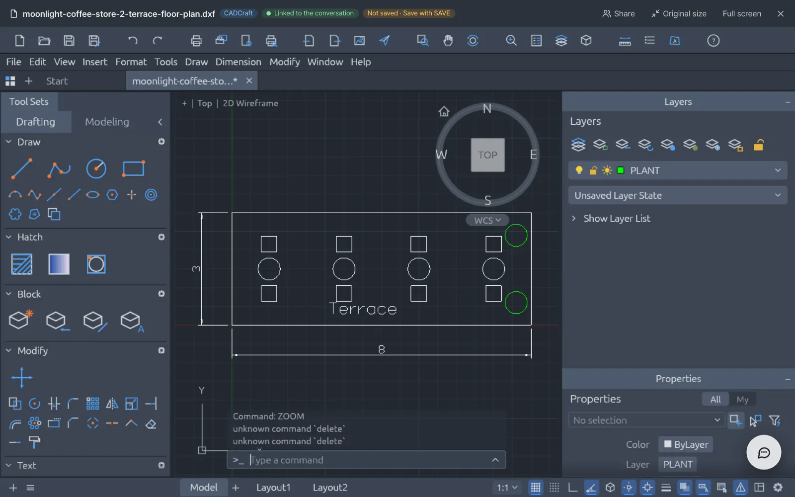 Two planters (green circles) have been added at the right end. The header shows "Not saved · Save with SAVE"