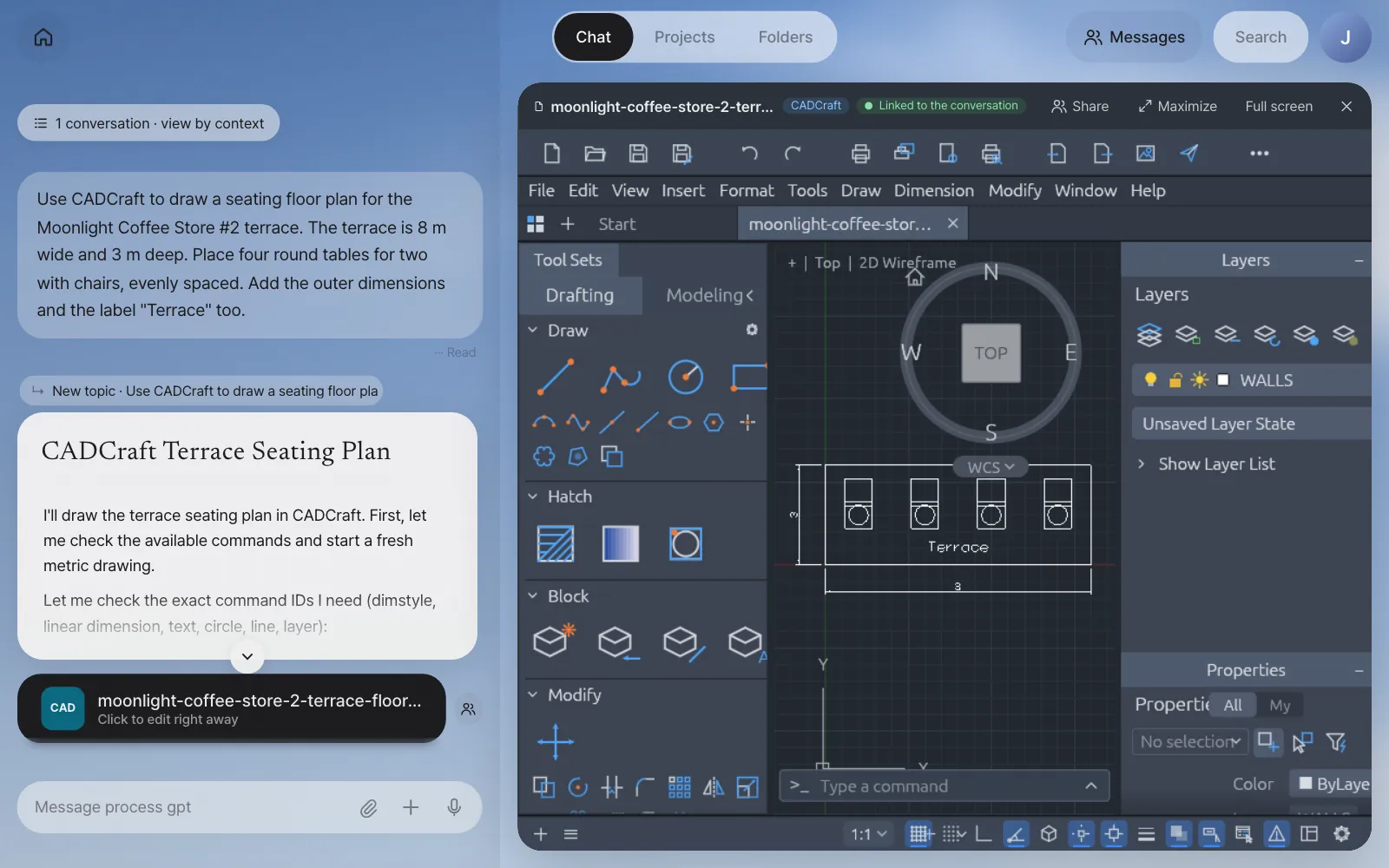CADCraft open next to the chat. It shows the terrace outline (8 × 3), four round tables, eight chairs, dimensions and the label "Terrace". Above the answer, "↳ New topic · Use CADCraft to draw…" shows that a new conversation started