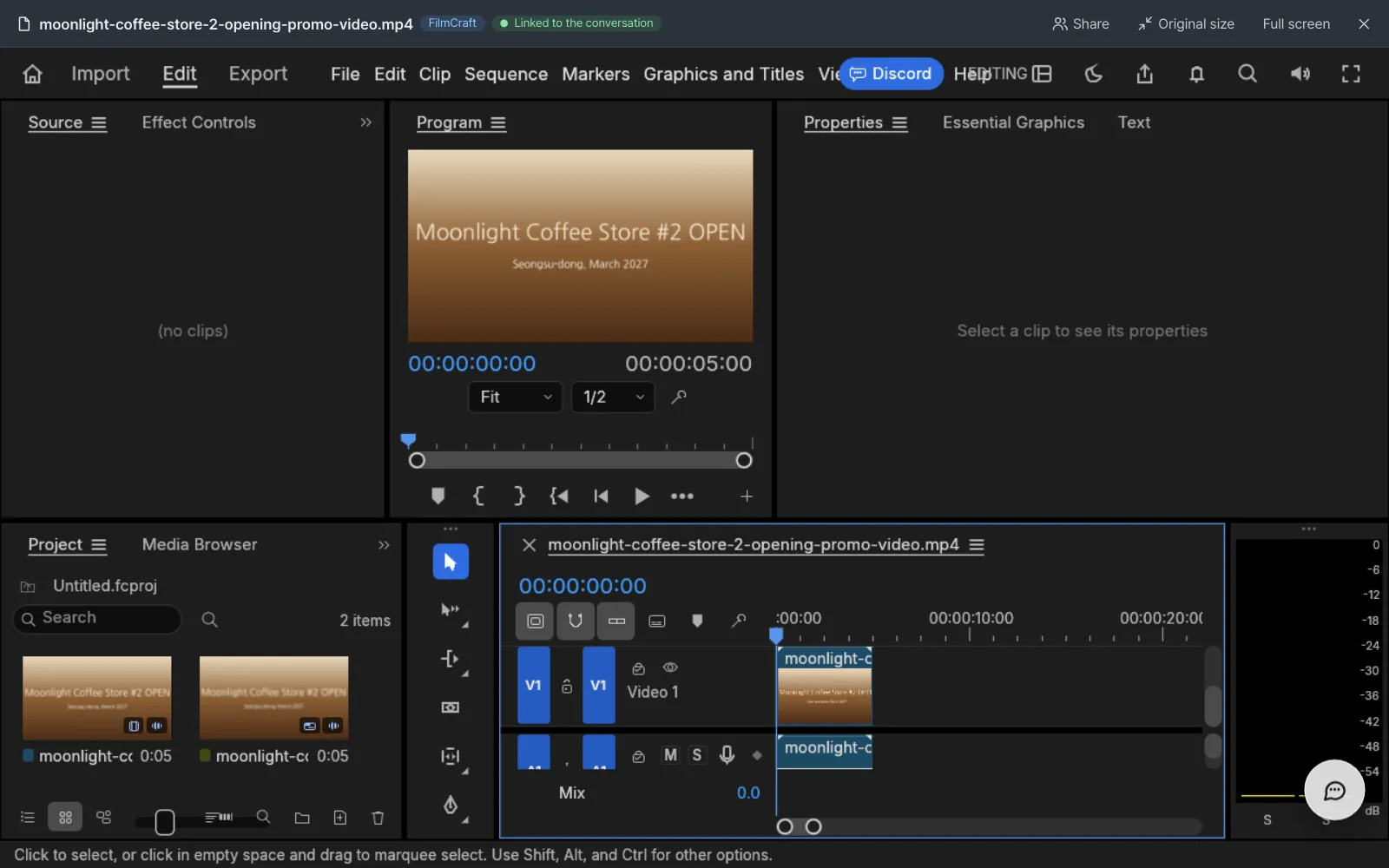 The 5-second promo video open in FilmCraft. The timeline has one clip, and the program screen shows the banner
