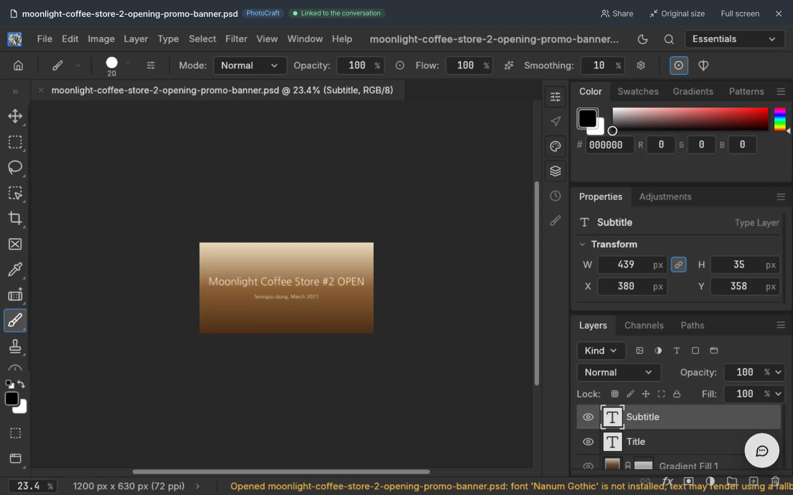 The banner (1200×630) open in PhotoCraft. The layers panel on the right shows the Subtitle, Title and Gradient Fill 1 layers