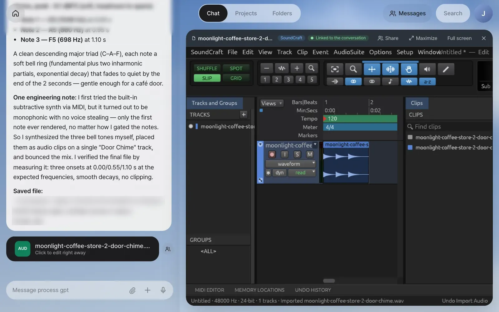 The chime session open in SoundCraft. A 2-second clip sits on one track