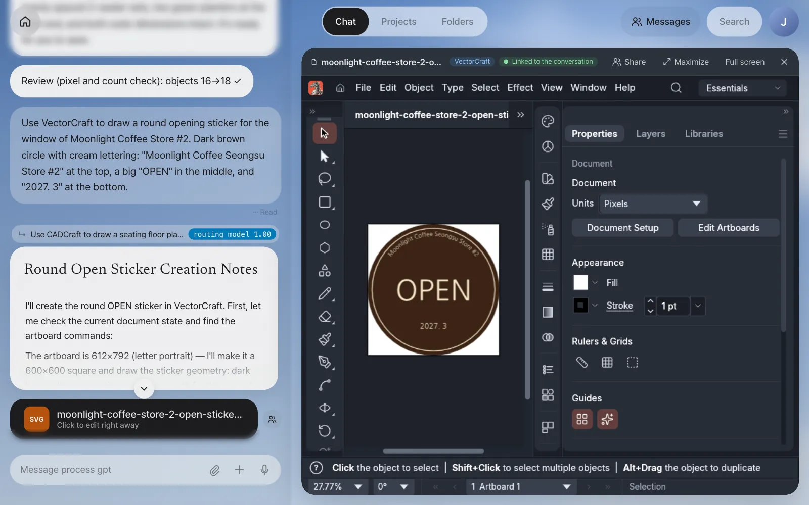 The round sticker open in VectorCraft. The assistant's answer lists the color codes (#3B2314, #F6E7C9) and font sizes (27, 130 and 34 pt)
