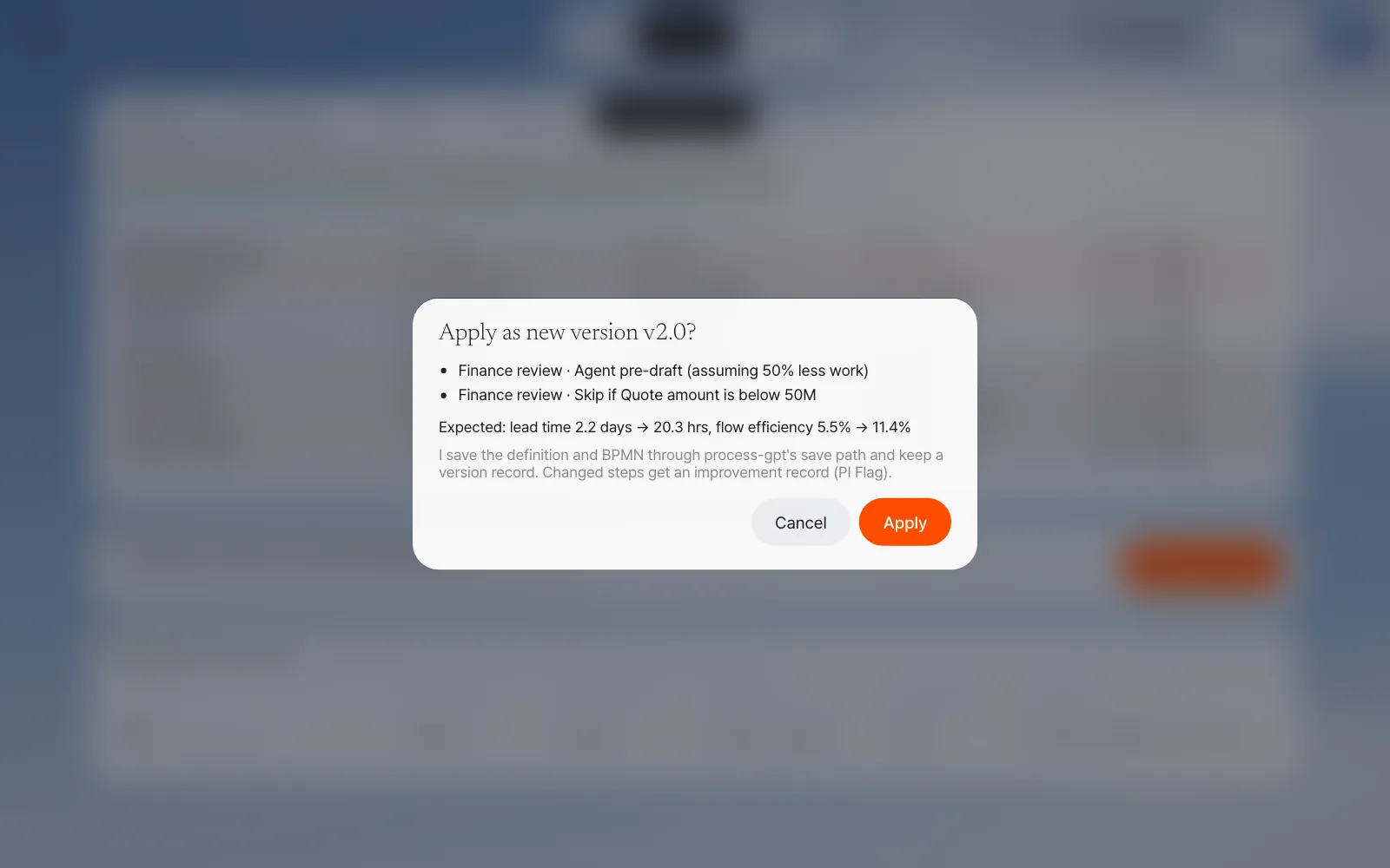 Apply confirmation — the two changes, the expected effect, and the new version v2.0