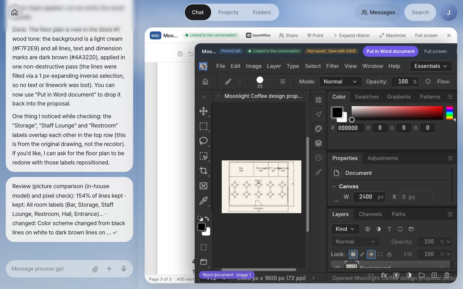 In PhotoCraft, open over the document, the picture has changed to a cream background with brown lines. The chat keeps what changed and the review note