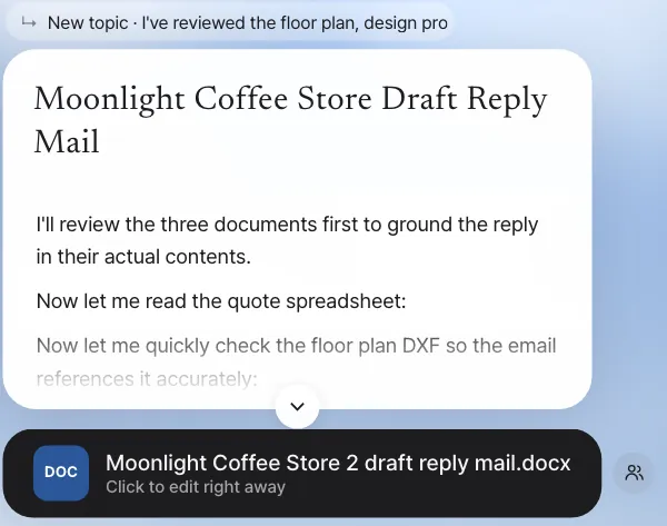 The "Moonlight Coffee Store 2 draft reply mail.docx" document card. Before writing the draft, the assistant reads the three documents again