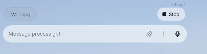 Right after sending — "··· Read" under the message, the status line at the left above the input box ("Thinking" for the first moment, then "Working"), and Stop on the right